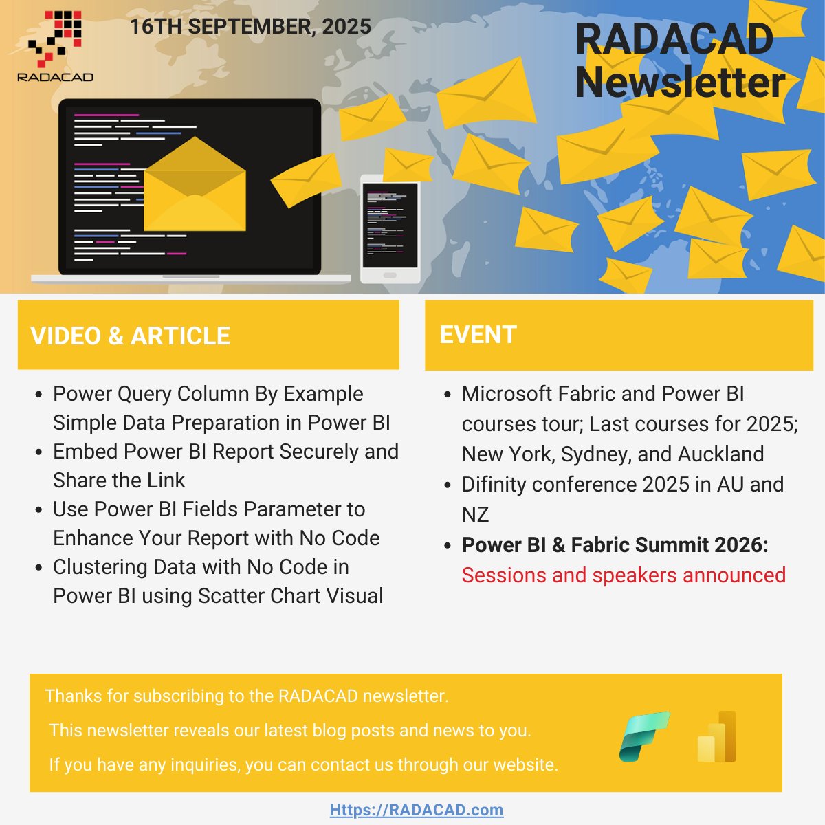 RADACAD_COM's tweet image. #RADACAD #PowerBI #MicrosoftFabric #DataAnalytics #newsletter edition 16th Sep 2025 is out with the news about

our latest blog articles and videos

our upcoming #training #course #workshop schedule

upcoming conference agenda such as #DifinityConference and #PowerBIFabricSummit…
