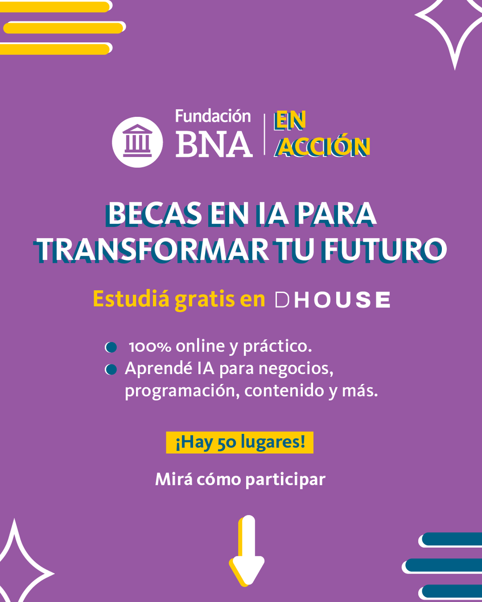 🚀 Lanzamos la convocatoria a 50 becas de formación en Inteligencia Artificial. 
Ingresá al post fijo del sorteo que está en el feed de nuestro Instagram @fundación.banco.nación y seguí los pasos para sumarte al sorteo. 
🔗 Participá acá: instagram.com/p/DOn9nH4DdVV/…