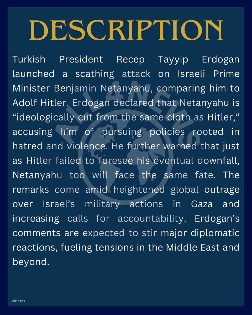 news_all4's tweet photo. Turkish President Erdogan likens Netanyahu to Hitler, warning that ‘just as Hitler couldn’t foresee his defeat, Netanyahu too will meet the same fate. #Erdogan #Netanyahu #IsraelPalestine #MiddleEastCrisis #GazaUnderAttack #FreePalestine #WorldPolitics #GlobalTensions #Diplomac https://t.co/vwV2IVk5nr