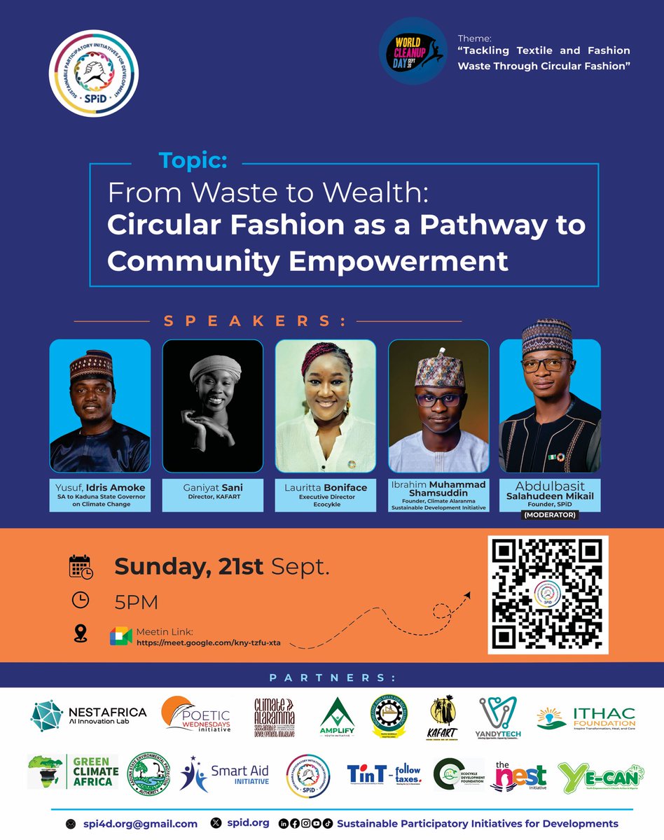 Join our World Cleanup Day webinar on Sept 21st at 5 PM WAT! 🌎 

Learn how circular fashion turns textile waste into economic opportunities, empowering communities. 

Link: bit.ly/FromWaste2Weal…

#WorldCleanupDay #CircularFashion #WasteToWealth