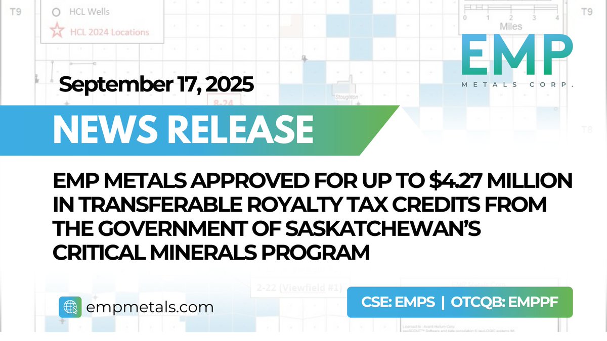 🚨 EMP Metals (CSE: $EMPS.C | OTCQB: $EMPPF) has been approved for up to $4.27M in transferable royalty and freehold production tax credits under Saskatchewan’s Critical Minerals Innovation Incentive (SCMII).

This support will help advance Project Aurora, our lithium refining