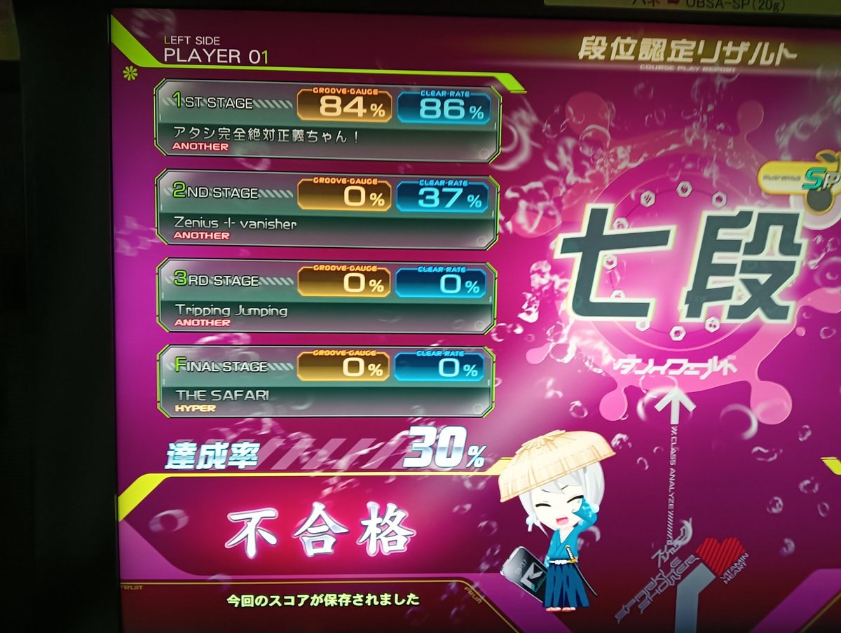 とりあえず五段（達成率83%）
六段（達成率68%）受かってだな
七段、2曲目落ちてきた（達成率30%）
（※ネタバレ案件につきセンシティブ処理）