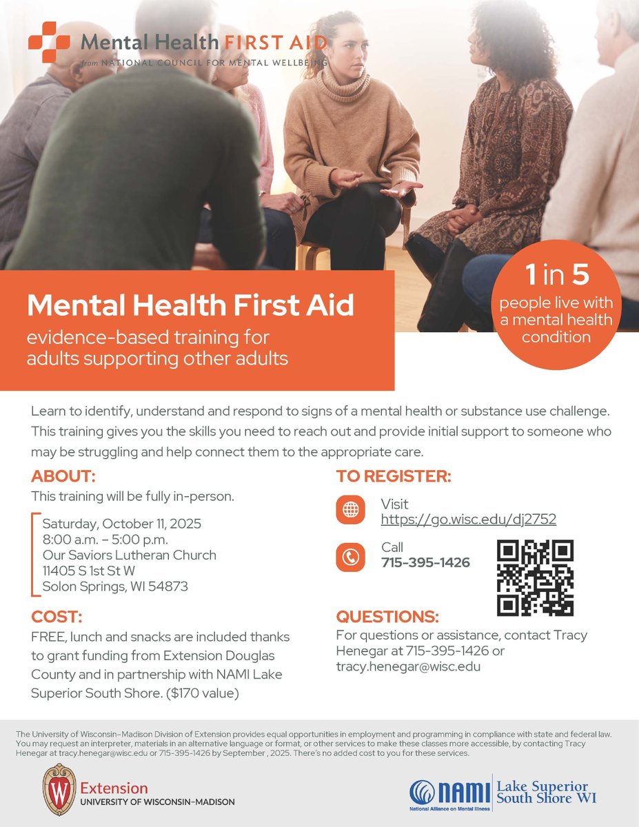 Mental Health First Aid for Adults - In-Person training, FREE, lunch &amp; snacks included.
Registration required: buff.ly/jxKfNc1 or 715-395-1426
Saturday, Oct 11, 2025; 8 am-5 pm
Our Saviors Lutheran Church
11405 S 1st St W
Solon Springs, WI 54873
