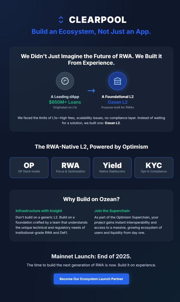 Most projects are still building on general-purpose L2s. But a market leader with a proven $850M track record just broke ranks. $CPOOL

<a href="/ClearpoolFin/">Clearpool</a> is graduating from a DeFi app to building its own L2: Ozean.

Why? Because RWAs need a purpose-built, institutional-grade home,