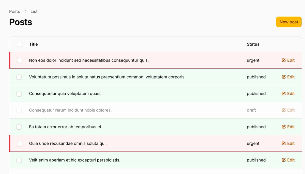 PovilasKorop's tweet image. Tip on @filamentphp.
Use `recordClasses()` to conditionally style table rows based on your data.
Link to docs: filamentphp.com/docs/4.x/table…
Notice: if I'm not mistaken, in Filament 4 you need to create custom theme if you use CSS classes like this.
#practicalFilamentDocs