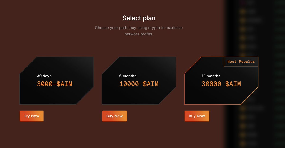 🎯 Another milestone achieved! ✅

We've just launched our subscription plans - bringing you closer to maximizing your crypto network profits with $AIM tokens.

Choose your path: 
🔸 30 days - 3000 $AIM (free now)
🔸 6 months - 10000 $AIM
🔸 12 months - 30000 $AIM (Most Popular)