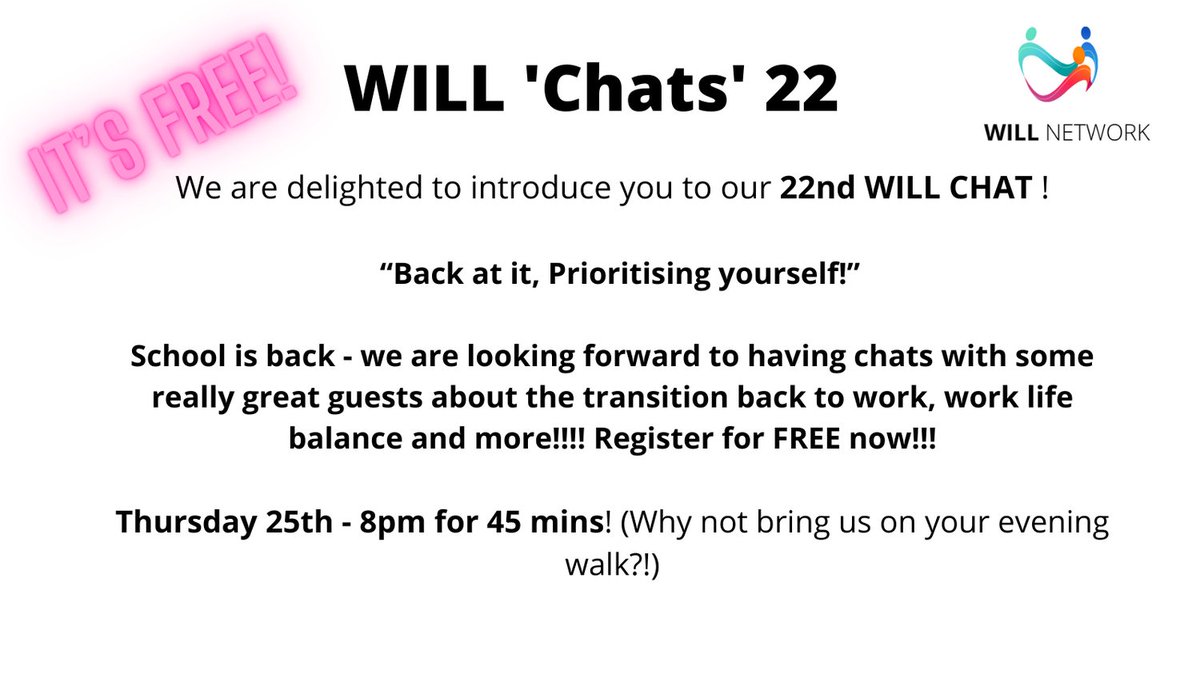 WILL CHATS 22!! We are delighted to get up and running with our WILL Chats for this year! We are starting our conversation with the transition back to work! We have some powerful women lined up! Register for FREE here - zoom.us/meeting/regist…