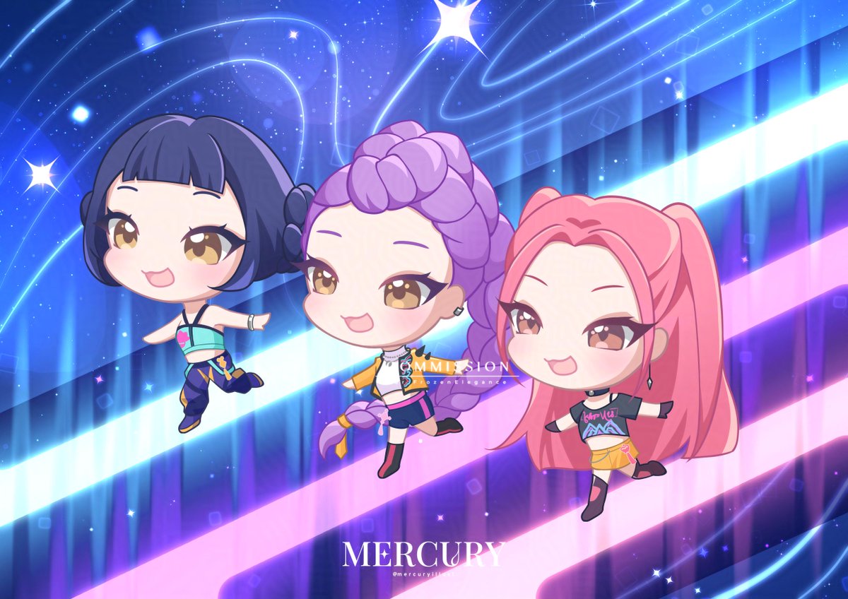 mercuryillust's tweet image. 🎤Winning hearts by daylight, fighting demons by moonlight!

Thank you @FrozenElegance for commissioning Huntrix as little chibis 🥰

#KPOPDEMONHUNTERS