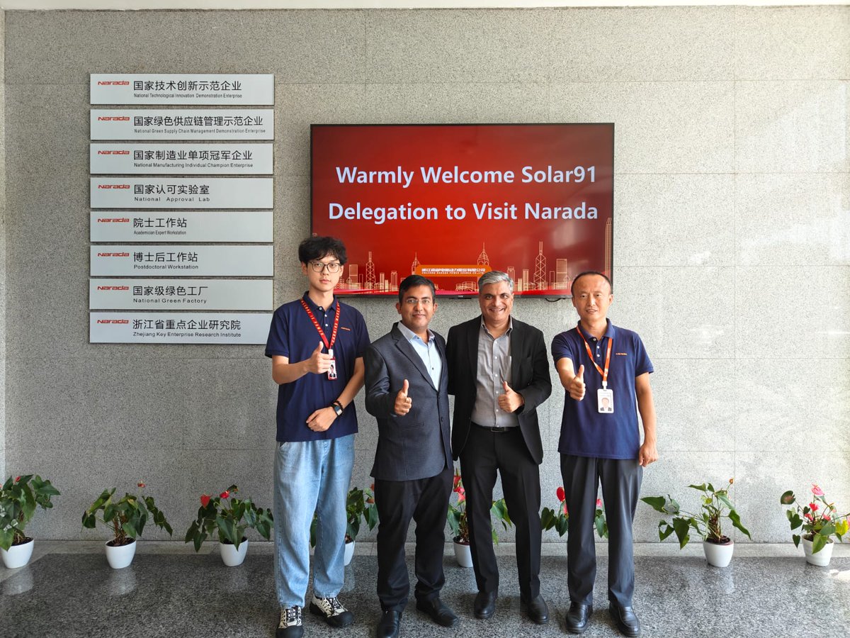 Solar91india's tweet image. To bring the best of global expertise to our projects, our Co-Founders Mr. Sandeep Gurnani and Mr. Saurabh Vyas visited Shanghai, China, exploring world-class BESS manufacturing facilities of Arctech, Trina Storage, Sungrow Power Supply and Narada.

#solar91 #bess #cleanenergy