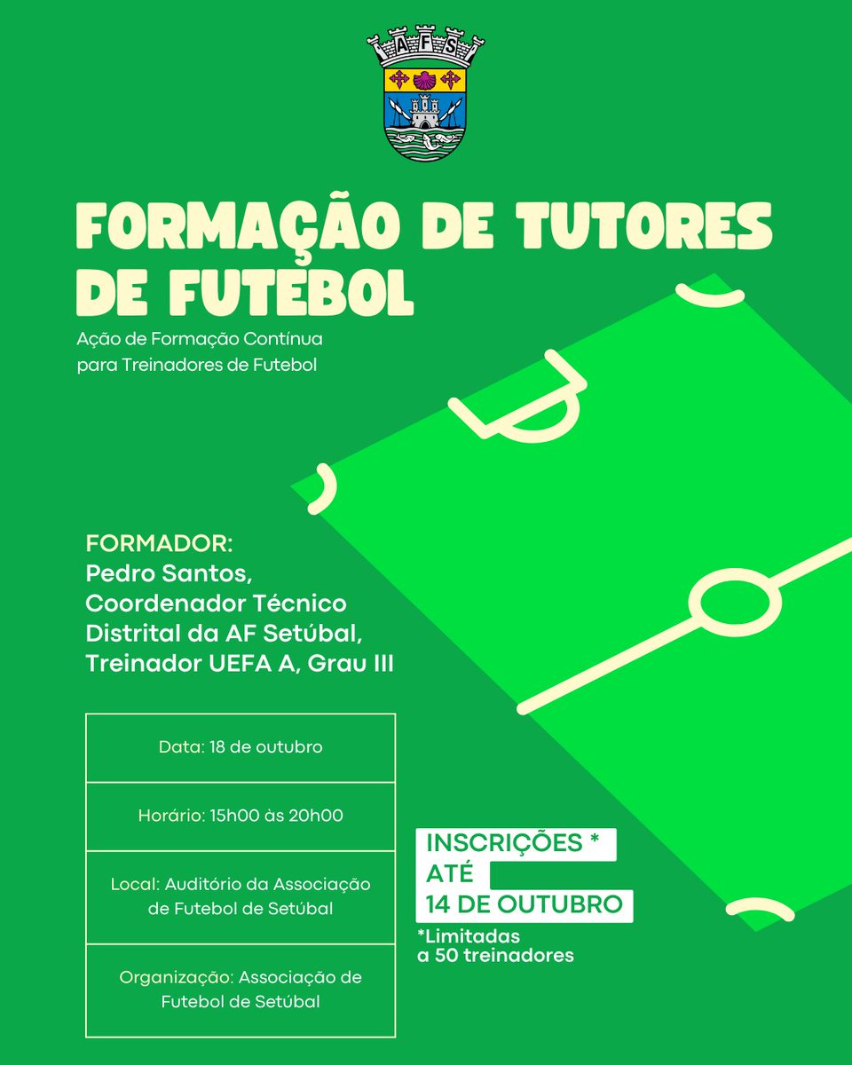 AF_SETUBAL's tweet photo. A Associação de Futebol de Setúbal vai realizar, no próximo dia 14 de outubro, no Auditório da sede da AF Setúbal, uma ação de formação para tutores de futebol.

Mais informações através do link:
https://t.co/EwR2rMoovX https://t.co/cW0ZKUulTl