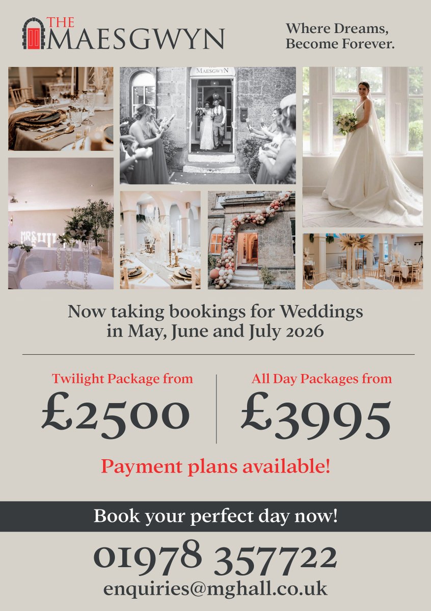 ✨ Your dream wedding awaits at The Maesgwyn! ✨

Now taking bookings for May, June &amp; July 2026 🌸

🌅 Twilight Packages from £2,500 
☀️ All Day Packages from £3,995 

💰 Payment plans available!

Where dreams become forever 💕

📞 01978 357722 📧 enquiries@mghall.co.uk