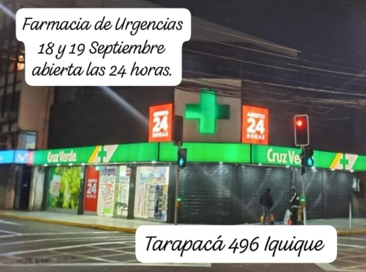 AnguloMoni's tweet photo. #farmaciaturno desde las 08:00 a 23:59 hrs.

#Iquique 
18 Sept: Doctor Simi, Héroes de la Concepción 2608
19 Sept: Doctor Simi, Vivar 762

#AltoHospicio 
18 Sept: Farmahospicio, Calle Los Almendros 2955
19 Sept: Bienestar Salud, Av. Los Cóndores 3369

#FarmaciaUrgencia  24 hrs 👇🏻 https://t.co/PUIy4Flalk