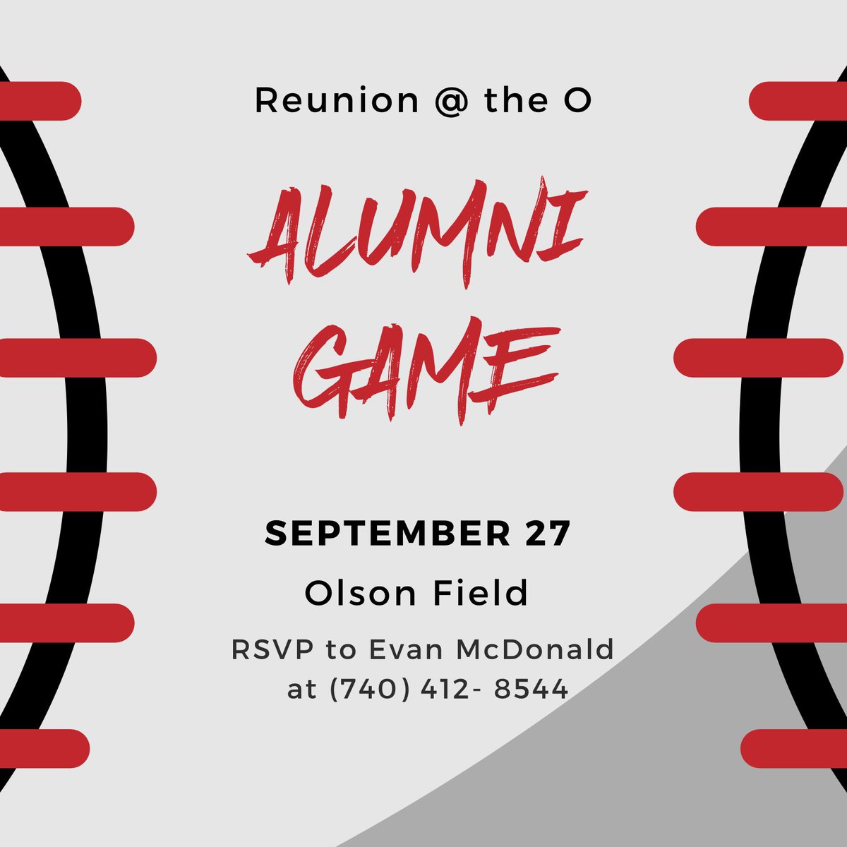OCU baseballs annual alumni game will be Saturday, September 27th! 

Alumni Batting Practice starts at 1pm with a 7-9 inning game and dinner served afterwards. 

Please RSVP with Coach Evan McDonald with your intent to play. 

Go Blazers!