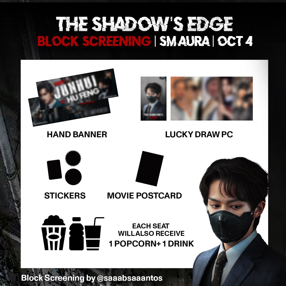 saaabsaaantos's tweet photo. Hi! This is Sab!
As a show of support for Jun and his newest film, The Shadow's Edge, I’ve organized this block screening for my fellow Carats and Huihuis. 

SM Aura - Directors Club Oct 4 SAT, 6pm
Register Here: https://t.co/iy2clO3dGb
#TheShadowsEdge #JUNHUI_TheShadowsEdge https://t.co/TJH9zGUdEE