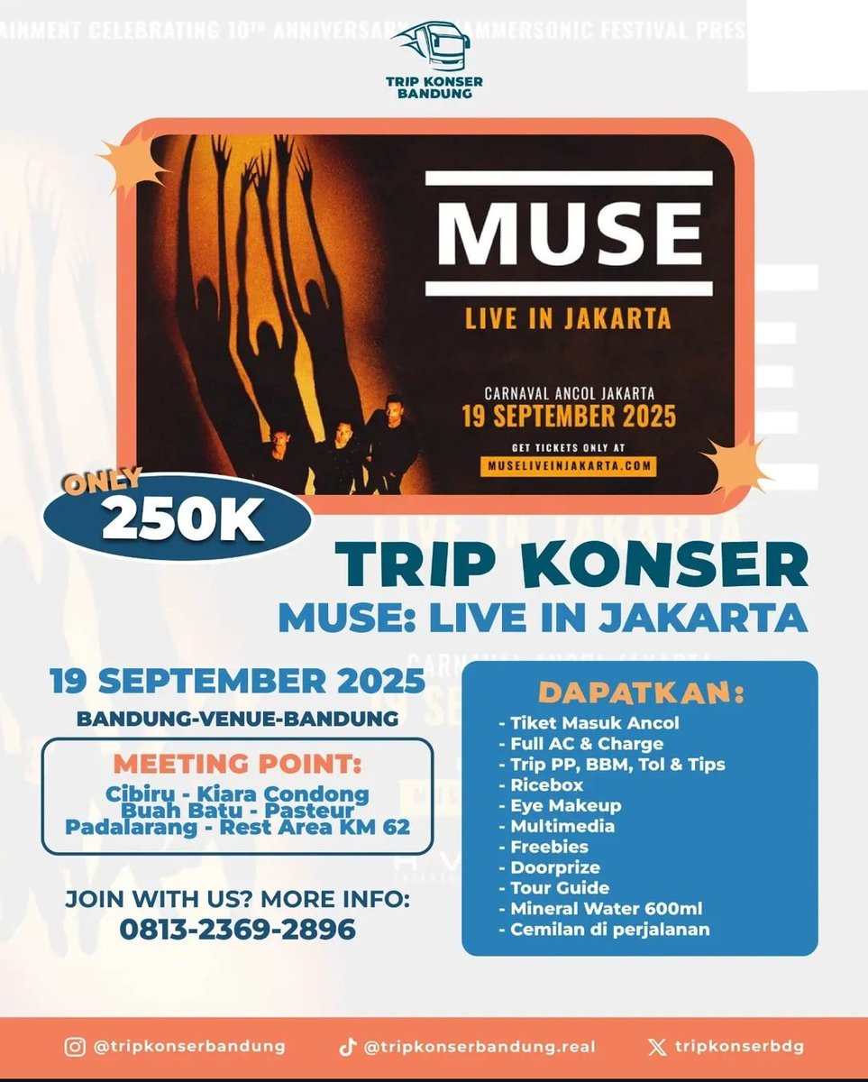 OPEN TRIP MUSE LIVE IN JAKARTA
BANDUNG - VENUE - BANDUNG

Wargi bandung, yang belum punya temen ngonser atau barengan, Bareng tripkonserbandung aja😻

Wts wtb trip konser bdg jkt cibiru buah batu pasteur padalarang carnaval ancol
#MUSE #MuseLiveInJakarta