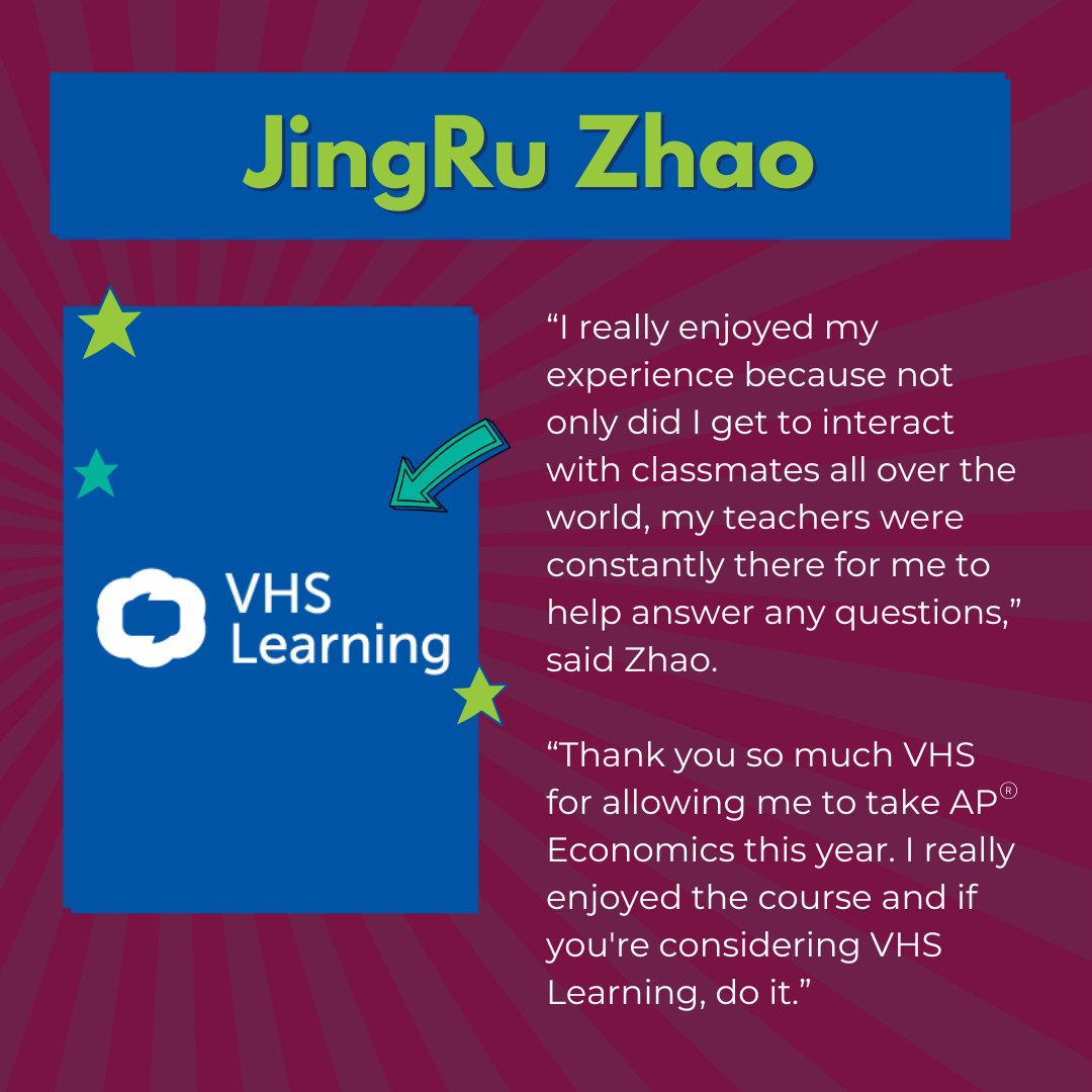 VHSLearning's tweet image. ✨ Today’s student spotlight is on JingRu! ✨

JingRu took one of our courses. 📚
Check out her video to see she thought about taking this course! 💻

tinyurl.com/2v7dwehk
2025 VHS Learning Scholarship 2nd Runner-Up - JingRu Z.

#studentsuccess #vhslearning #studenthighlight