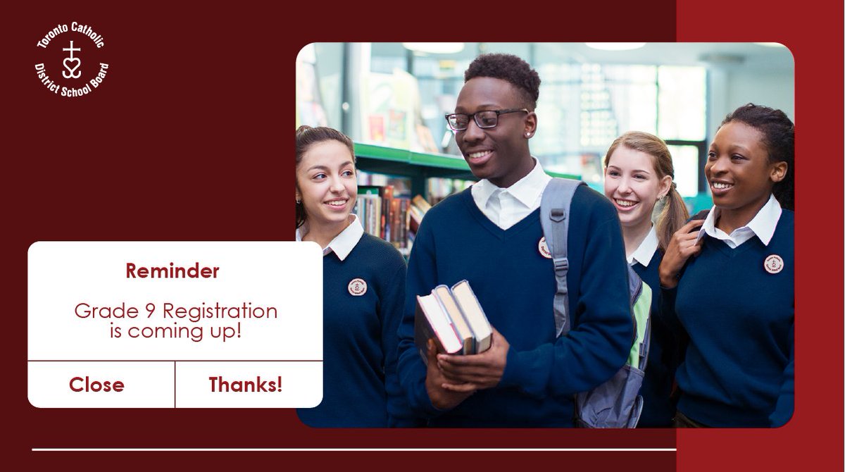 Registration for Grade 9 begins on September 26 after 5 p.m.! 

#TCDSB High School Open Houses give students and families a chance to learn about secondary schools, specialized programs, and more. 
 
Visit the 2025-26 Open House Schedule for details ↪️ bit.ly/4p4TUOu
