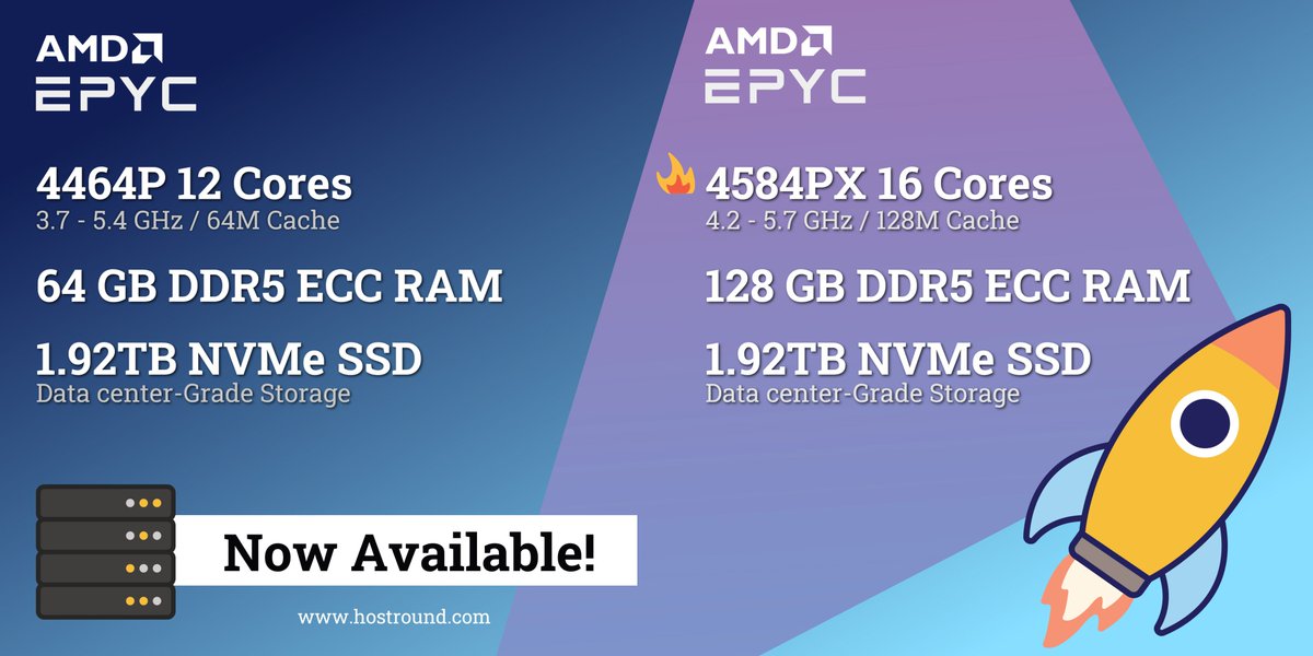 HostRoundLLC's tweet photo. 🚀 Looking for high-performance Dedicated Servers?
Our #EPYC 4464P & 4584PX #servers are ready to deploy today.
Perfect for #Gaming, #Streaming, #Virtualization, #WebHosting & more.
👉 Order now: https://t.co/ldGXpwnDy2