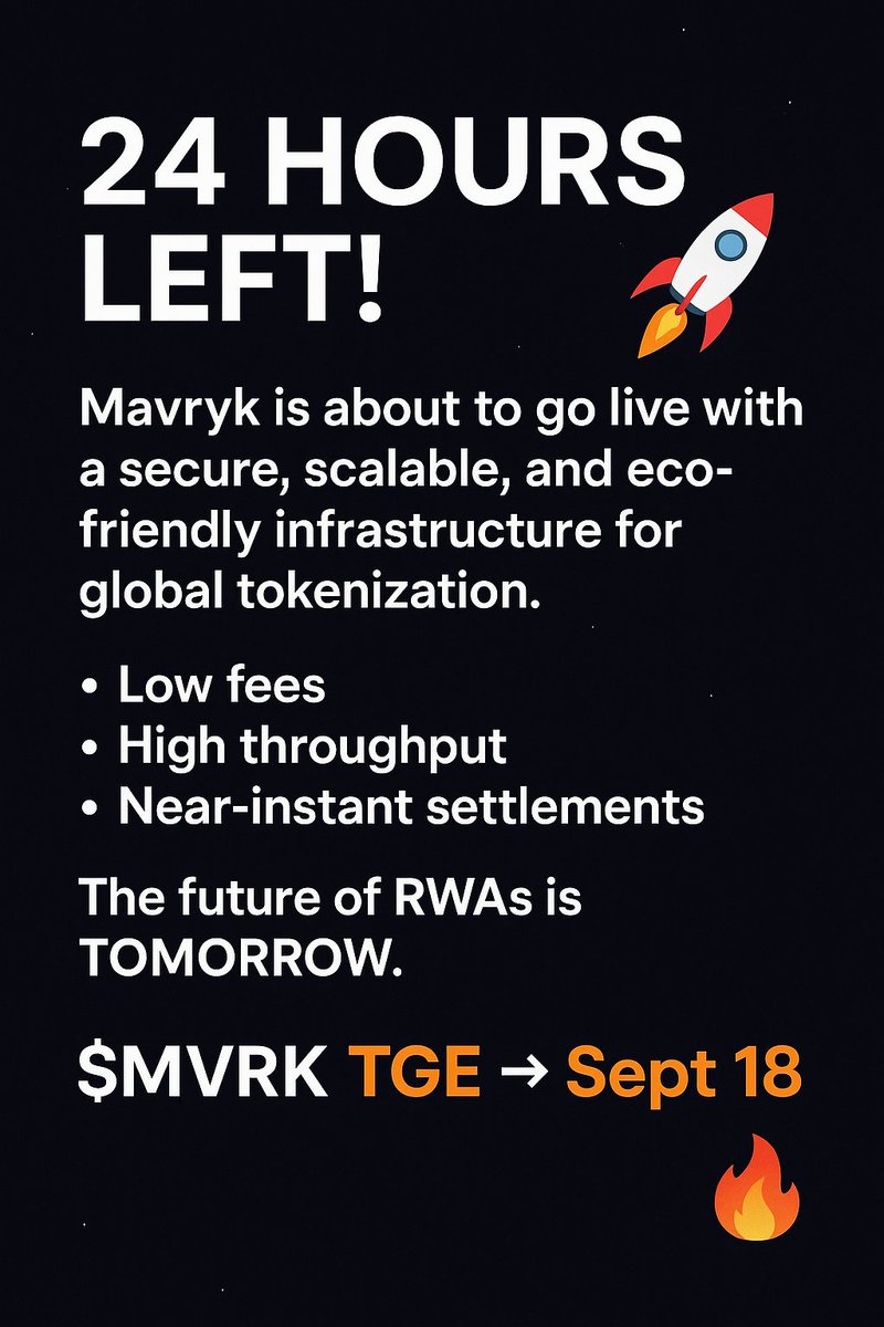 Sarah Eta🦋 (@cryptowedi) on Twitter photo Good evening CT
Only 24 hours to go
Mavryk is unleashing a new era of tokenization fast, secure, and eco-friendly. <a href="/MavrykNetwork/">Mavryk Network | Tokenizing $10B in RWAs</a> TGE drops Sept 18. The future starts tomorrow. Good evening CT
Only 24 hours to go
Mavryk is unleashing a new era of tokenization fast, secure, and eco-friendly. <a href="/MavrykNetwork/">Mavryk Network | Tokenizing $10B in RWAs</a> TGE drops Sept 18. The future starts tomorrow.