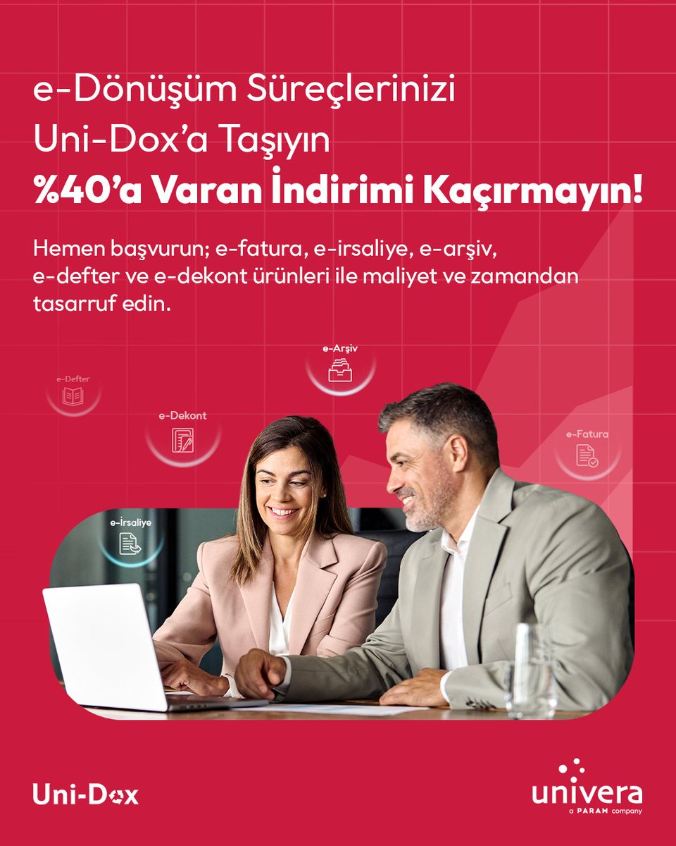 Uni-Dox ile e-fatura, e-irsaliye, e-arşiv, e-defter ve e-dekont süreçlerinizi hızlı, güvenli ve ekonomik şekilde yönetin. 🚀

Hemen başvurun, %40’a varan indirim fırsatını kaçırmayın!

📞 0 533 283 09 17 | 📩 edonusum@uni-dox.com

#Univera #UniDox #efatura #earsiv #edefter