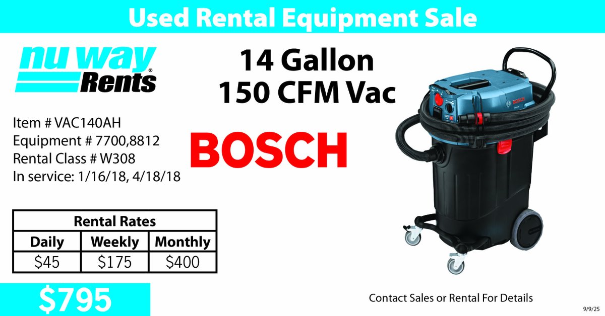 We have a Bosch 14-Gallon, 150 CFM Vacuum is now available — for sale or rent. 

Whether you need it for a project or want to add it permanently to your lineup, Nu Way has you covered. #nuwayinc #nuwayrents #nuwayfab #everythingforthecontractor