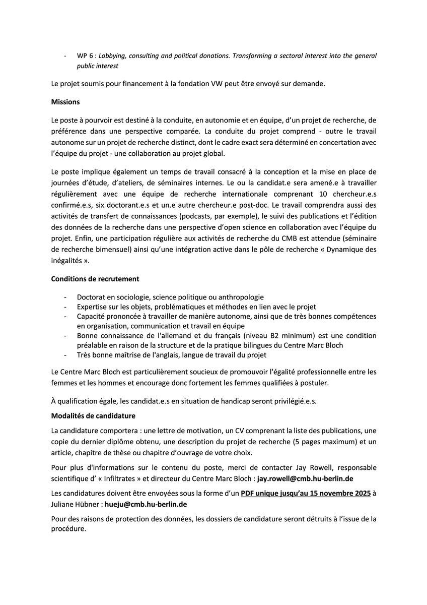 [📢 #socioelites] Le <a href="/CentreMarcBloch/">Centre Marc Bloch</a> propose un contrat post-doctoral de 36 mois dans le cadre du projet « Infiltrates » (Influence of Financial elites : Trajectories, socialization, values and repercussions of Wealth in Germany, France and the UK).

⌛ 15 novembre 2025