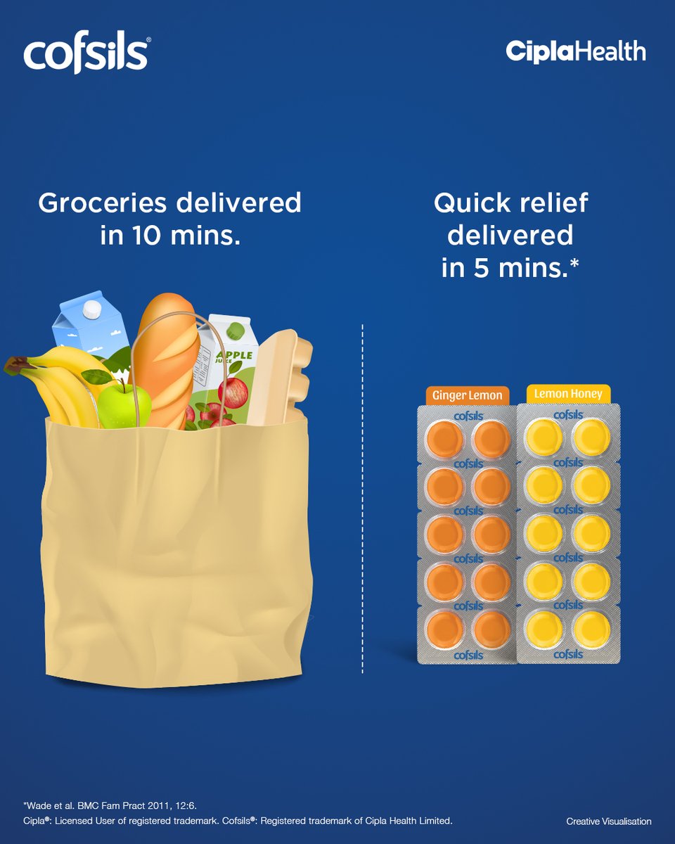 cofsils's tweet photo. When it comes to delivery time, nothing beats Cofsils. Pop one and get soothing comfort in 5 minutes* even before your groceries arrive.
#lozenges #cofsils #ciplahealth #cipla #InstantRelief #SoothingComfort #ThroatRelief #TripleRelief https://t.co/AqgHJWrsyt