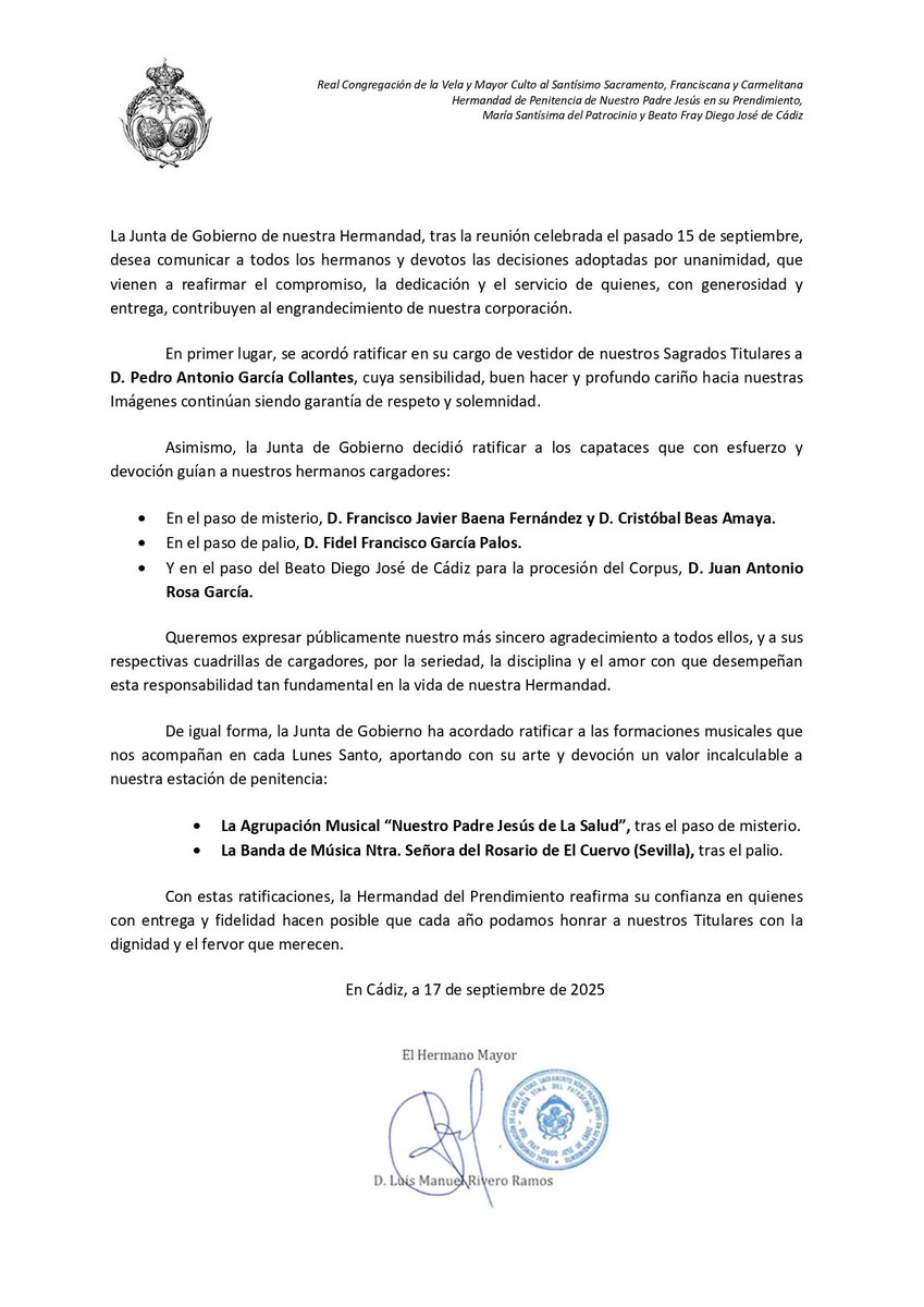 COMUNICADO OFICIAL | Ratificación de cargos de confianza y formaciones musicales.