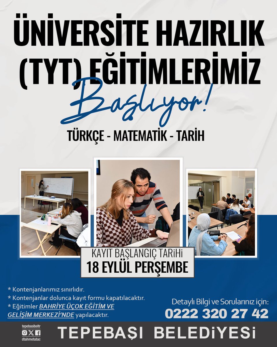 tepebasibeltr's tweet photo. 🎓 Hayalindeki üniversiteye giden yolda yanındayız!

Üniversite hazırlık (TYT) kapsamındaki Türkçe, Matematik ve Tarih eğitimlerimiz için kayıtlar 18 Eylül Perşembe günü başlıyor. Kurs kayıt formuna linkten ulaşabilirsiniz.

🔗 https://t.co/6ZlqrrBy4N
☎️ Detaylı bilgi: 0 222 320 27 42