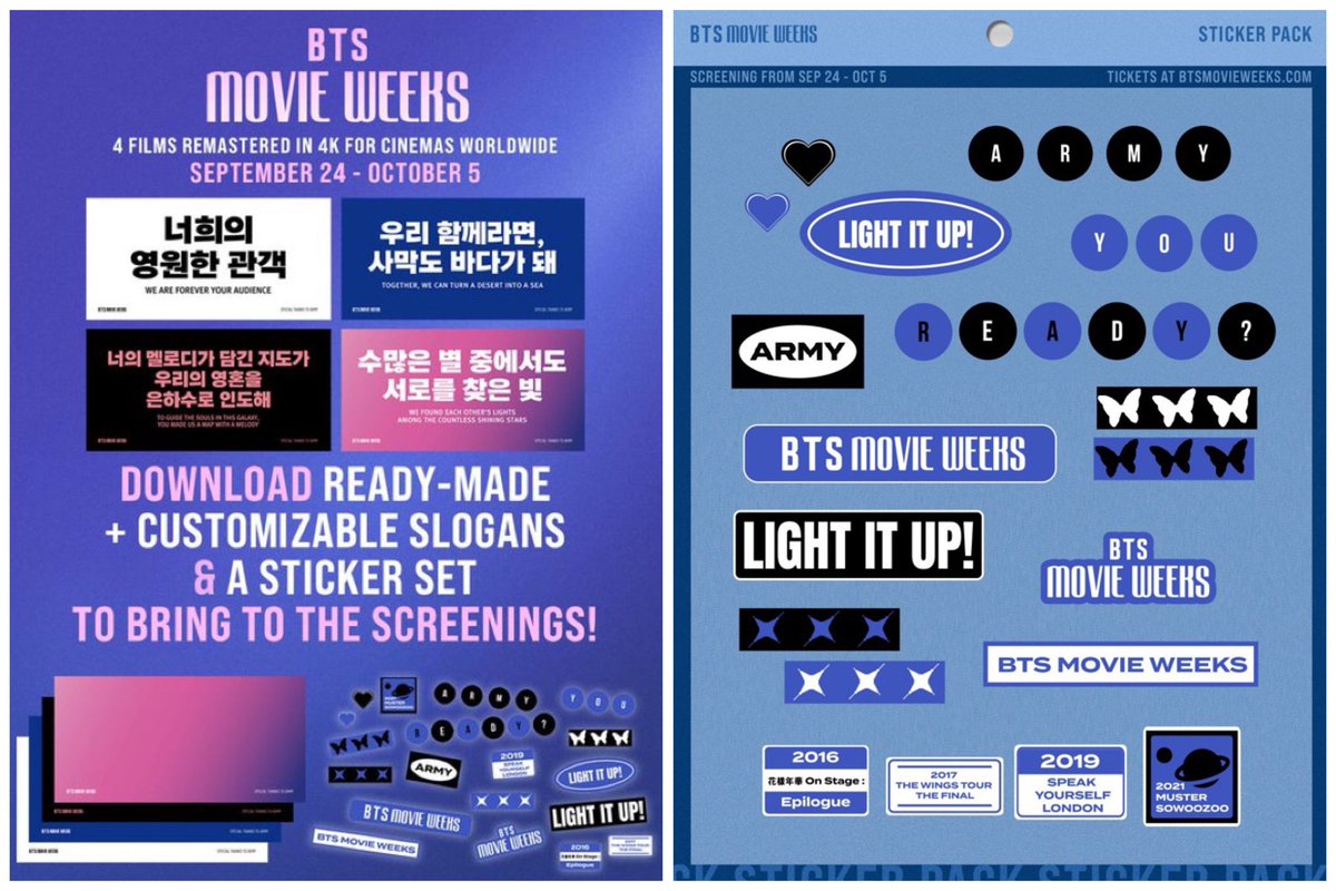BTSARMYINFINIT7's tweet photo. Post de BTS Bighit Oficial en X/Twitter  
SEMANAS DE PELÍCULAS DE BTS
¡Descarga eslóganes personalizables y un conjunto de pegatinas para llevar a las proyecciones!
🔗 https://t.co/rkJi4RegDE

#BTS #방탄소년단
#BTSMOVIEWEEKS

🔗: https://t.co/IJLSokaHXk

©TangerinesOfBTS
Yolys https://t.co/WlCXEFd8J8