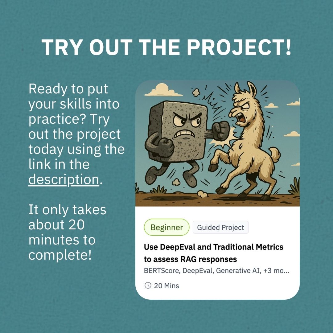 CognitiveClass's tweet image. Curious about evaluating large language models like LLaMA and Granite in real-world scenarios?

This hands-on project walks you through building a Retrieval-Augmented Generation pipeline and applying both traditional metrics (ROUGE, BERTScore) and modern LLM-based evaluation with…