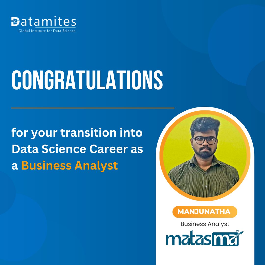 DataMites's tweet image. Congratulations to all achievers on their
successful transition into Data Science careers as Data
Scientist, Data Analyst, Business Analyst, and AI/ML
Engineer.
#datamitesplacements #datamites
#datamitesdatascience #datamitessuccessstories
#jobready #SuccessStory