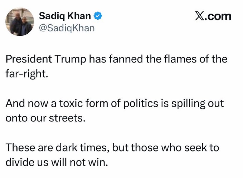 What’s more “divisive” and “dark”? The President of the USA visiting for 48 hours or a mayor who has over seen:

Knife crime soaring 41%
Rape up 20%
Theft surging 22%
Weekly antisemitic hate marches
