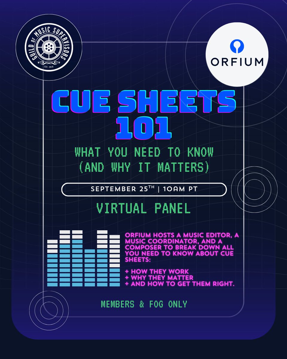 🎶 Cue sheets = the backbone of sync.
They ensure artists get paid + productions stay protected.
Join <a href="/guildofmusic/">Guild Of Music Supervisors</a> supervisors x Orfium for a live panel on creating, reading &amp; troubleshooting cue sheets.

📅 Sept 25, 10AM PT
👉 GMS Members &amp; FOG: check your inbox to RSVP!