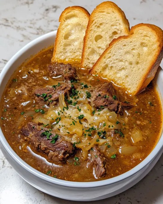 FoodPleaser's tweet image. French Onion Beef Short Rib Soup