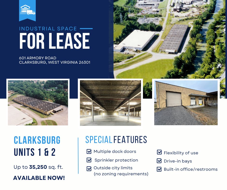 🚨FOR LEASE – INDUSTRIAL SPACE IN CLARKSBURG, WV! AVAILABLE NOW! 
Address: 601 Armory Road, Clarksburg, WV 26301

Contact us today at (304) 343-2201 to schedule a tour or learn more!
#IndustrialSpace #ForLease #ClarksburgWV #CommercialRealEstate #WarehouseSpace  #AvailableNow