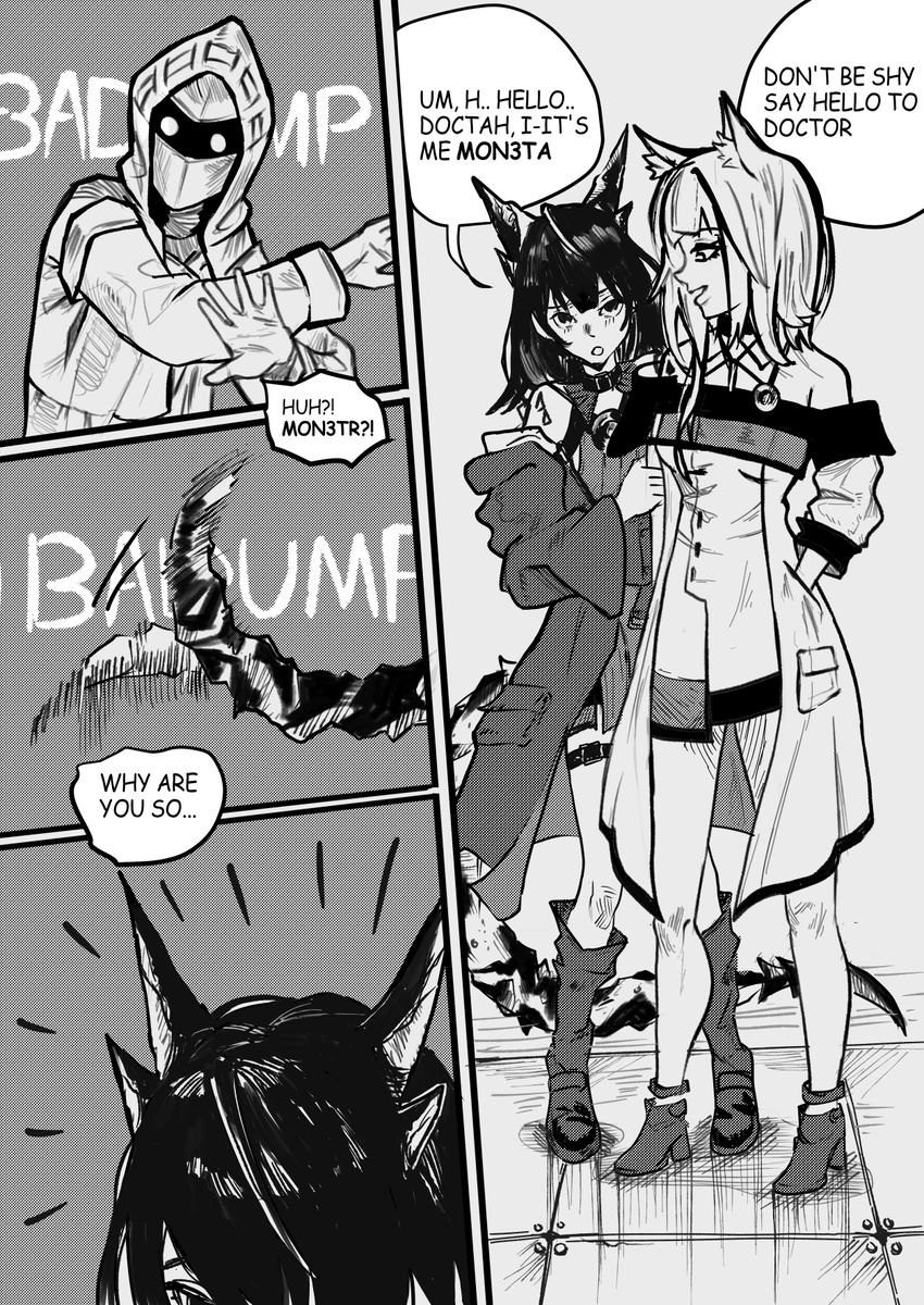 TanoyKTB's tweet photo. fan manga- "Mon3tr" (1/5) mon3tr our cute spine has to get over her fears of being stuck to someone's back. what will she do?#アークナイツ #Arknights #manga 
Full post : https://t.co/rQcQdVJPHl https://t.co/bJPwHbpclF