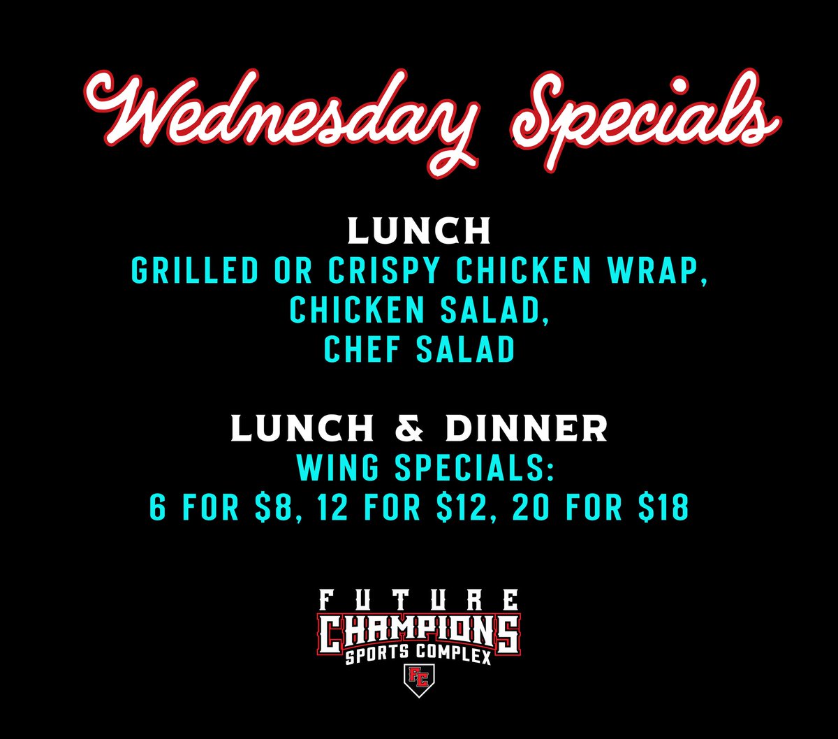 Have you tried our new chicken wraps? They are on special today with our generous salads at lunch and you won’t be disappointed! And as always, enjoy our delicious wings — on special at at lunch and dinner! 🥗🍗😋 #FutureChampions #JacksonvilleIL #WednesdaySpecials #wingwednesday