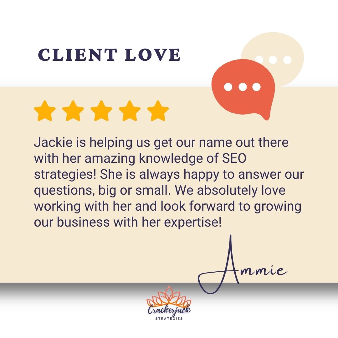 CrackerjackStr's tweet image. Client feedback like this reminds us why we love what we do! Thank you, Ammie, for trusting us to help grow your business. 🫶

#ClientLove #CrackerjackStrategies #SEO #MapPackMatters