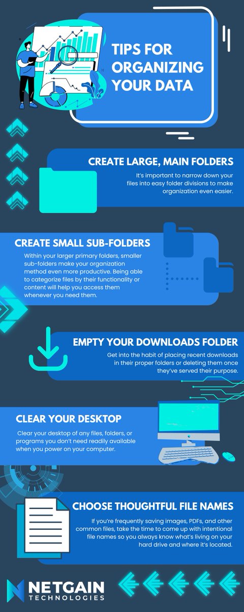 NetGainTech's tweet image. Organize Your Data with Ease.

This infographic highlights five practical tips to help you keep your files, folders, and digital content neat and easy to manage.

Stay organized, save time, and reduce clutter.

#ProductivityTips #DigitalDeclutter #TechOrganization