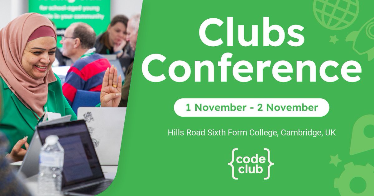 CodeClub's tweet image. 🎫 Tickets are now available for Clubs Conference 2025!
📅 1-2 Nov • Cambridge UK
Meet fellow mentors, join hands-on workshops (AI & more!), and take fresh ideas back to your Code Club.
Book your ticket now → codeclub.org/clubs-conferen…
#ClubsCon25