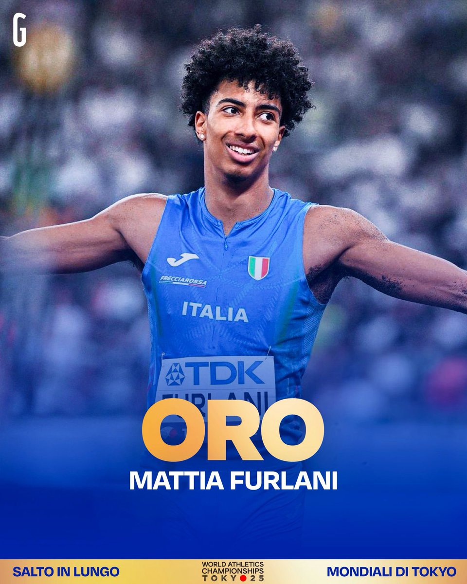 Gazzetta_it's tweet photo. ORO! Furlani vola sul tetto del mondo con una prestazione da autentico fenomeno. Mattia sei nella storia 🥇🇮🇹💙 https://t.co/ARZS7kRMNq