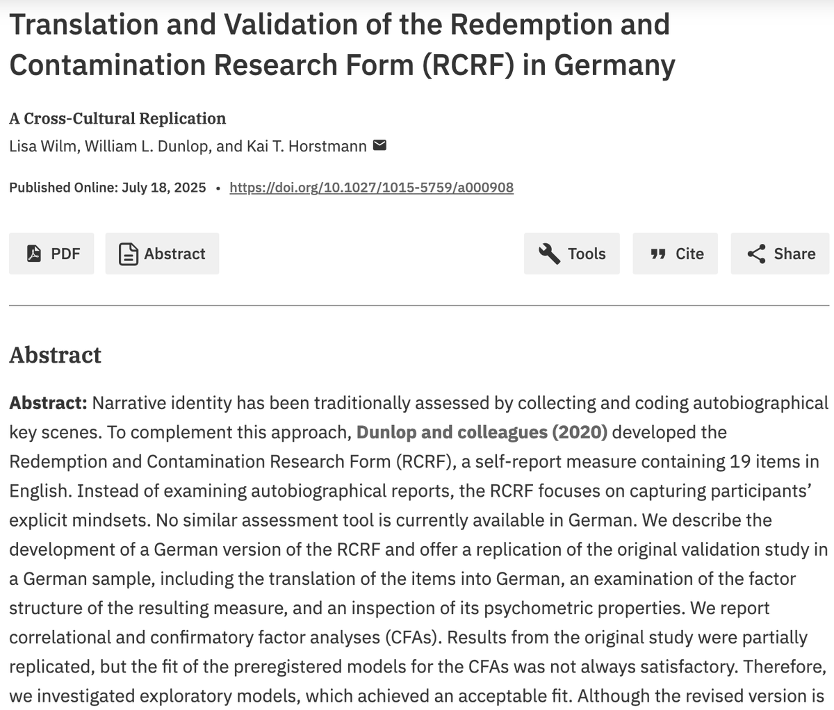 Check out this new German validation of the Redemption and Contamination Research Form (RCRF)—a tool for assessing narrative identity mindsets. econtent.hogrefe.com/doi/10.1027/10…