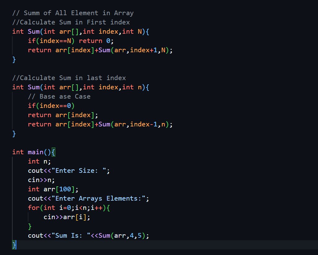 CHAYAN78905's tweet image. 🚀 #Day53 / #180DaysOfCode 🎯
DSA Journey in C++ 📚 | #CoderArmy

📌 Topics: Recursion in Array⚡
✅ Print Array help of Recursion
✅ Sum of All Elements in Array
✅ Find Minimum and Maximum Element in Array

Thanks to @rohit_negi9 bhaiya🙌 for the amazing explanation!
#DSA