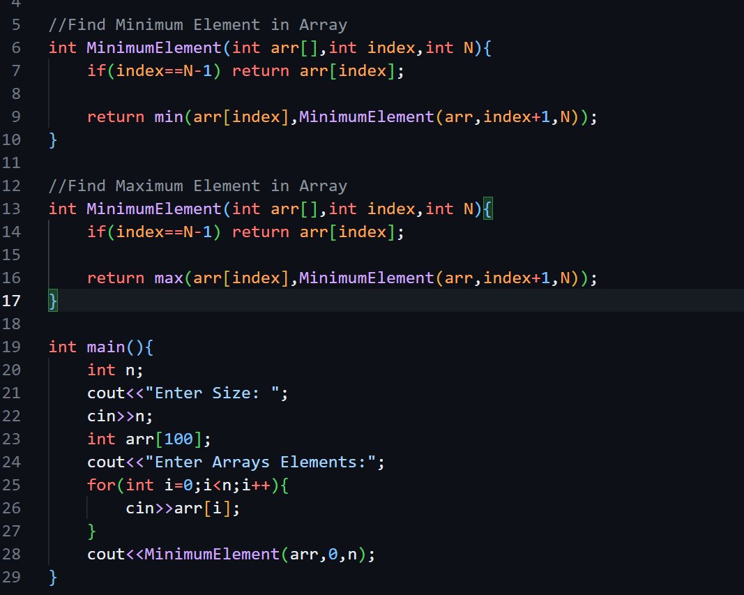 CHAYAN78905's tweet image. 🚀 #Day53 / #180DaysOfCode 🎯
DSA Journey in C++ 📚 | #CoderArmy

📌 Topics: Recursion in Array⚡
✅ Print Array help of Recursion
✅ Sum of All Elements in Array
✅ Find Minimum and Maximum Element in Array

Thanks to @rohit_negi9 bhaiya🙌 for the amazing explanation!
#DSA