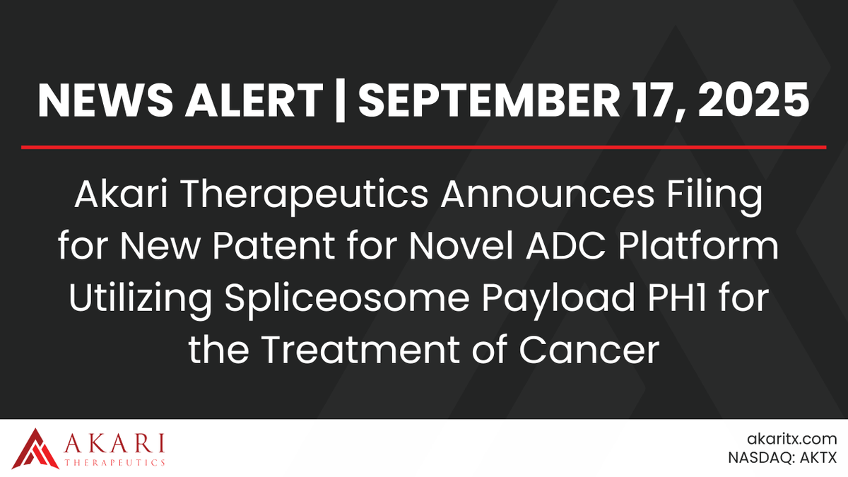 Akari Therapeutics Announces Filing for New Patent for Novel ADC Platform Utilizing Spliceosome Payload PH1 for the Treatment of Cancer

bit.ly/3KoVlaC 
$AKTX #AntibodyDrugConjugates #Oncology