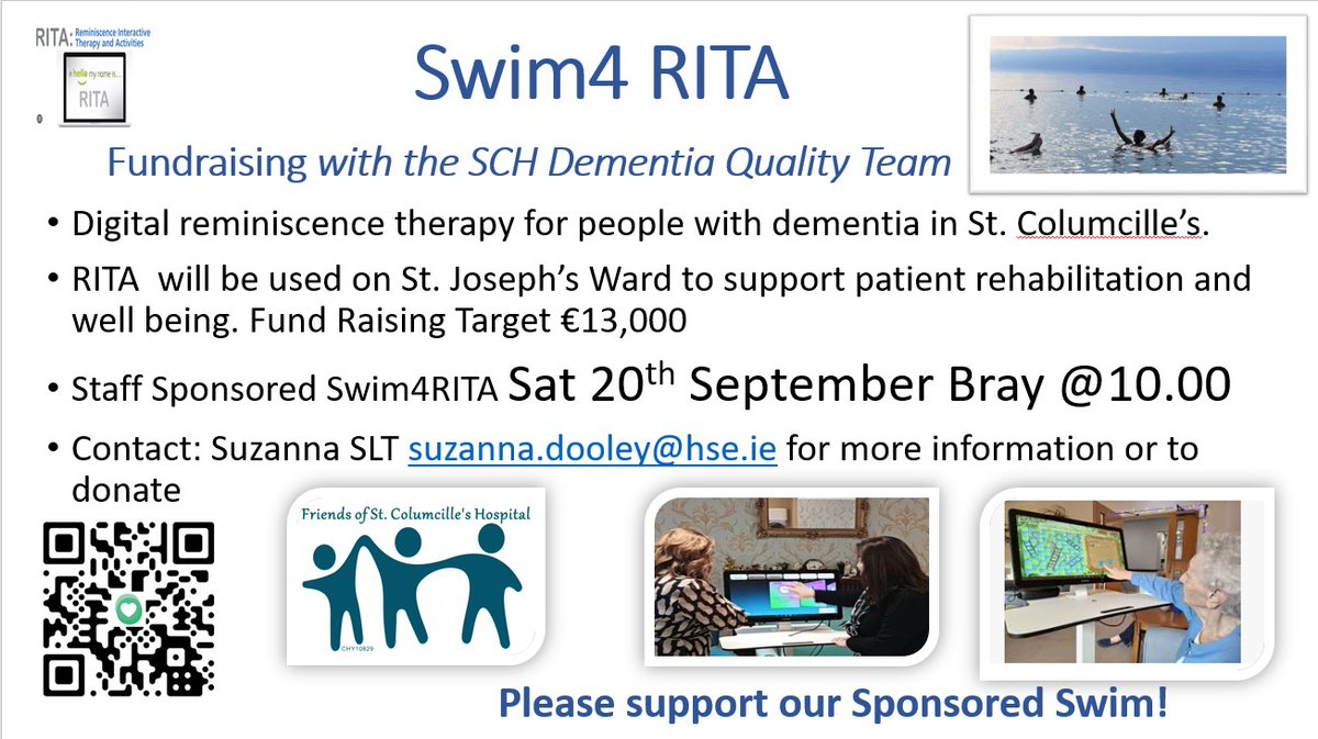 A sponsored swim in aid of the Dementia Quality Team in St Columcille's Hospital is happening on Bray Beach this Saturday (20/09/25). Please use the QR Code link below to donate.