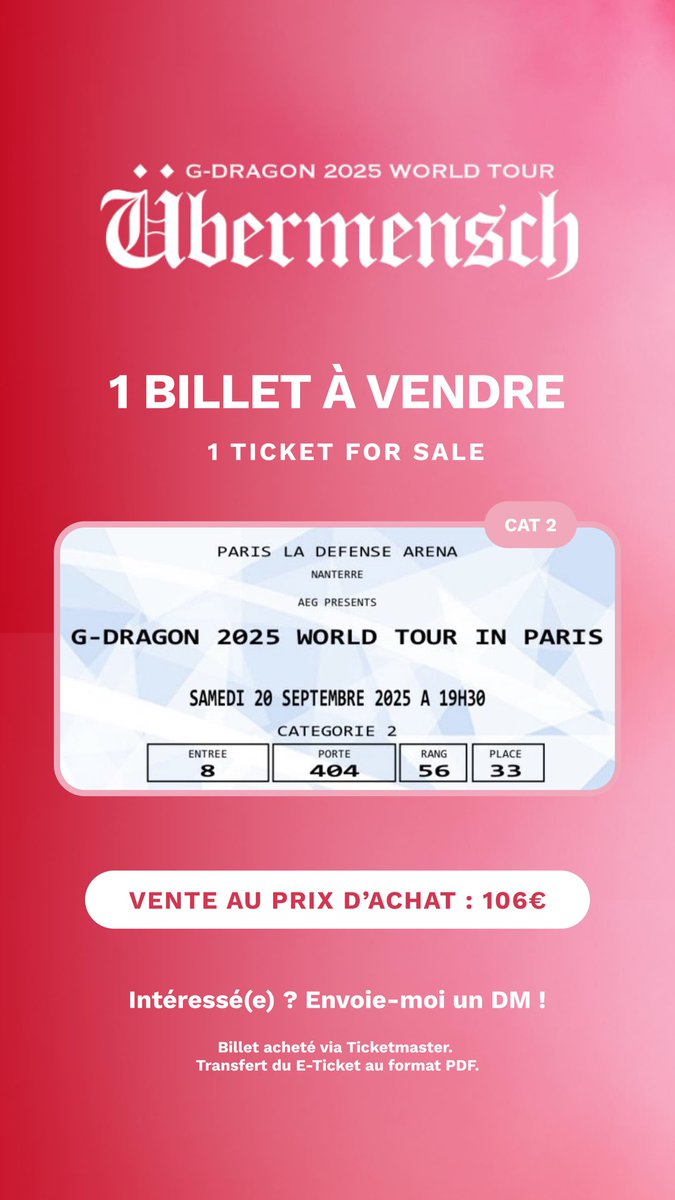 dao__chai's tweet photo. Je vends une place CAT 2 pour le concert de G-DRAGON au prix d’achat.
DM si intéressé(e) !

I’m selling one CAT 2 ticket for G-DRAGON concert at purchase price.
DM me !
#GDRAGON #ubermensch #accorarena #gdragoninparis #ladefense #GDRAGON2025 #GDRAGON_UEbermensch #gdragontour https://t.co/HheyVMRD1A