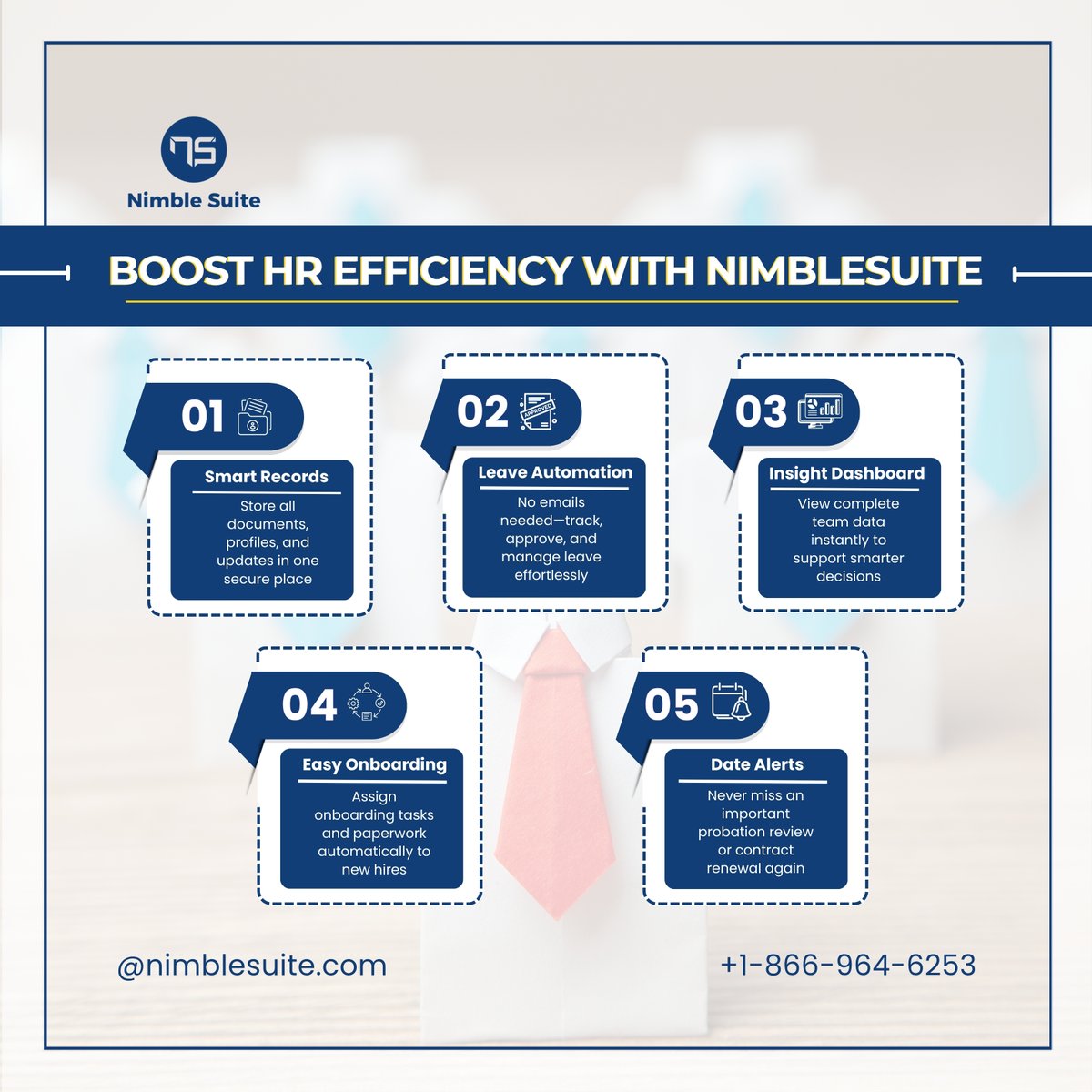 nimblesuite's tweet image. Empower your HR team 💼
With Nimble Suite, manage:
✅ Secure records
✅ Leave approvals
✅ Onboarding
✅ Team insights
✅ Key dates
Automate. Integrate. Thrive. 🚀
🌐 nimblesuite.com | 📞 +1-866-964-6253
#NimbleSuite #HRAutomation #BusinessAutomation #TeamCollaboration