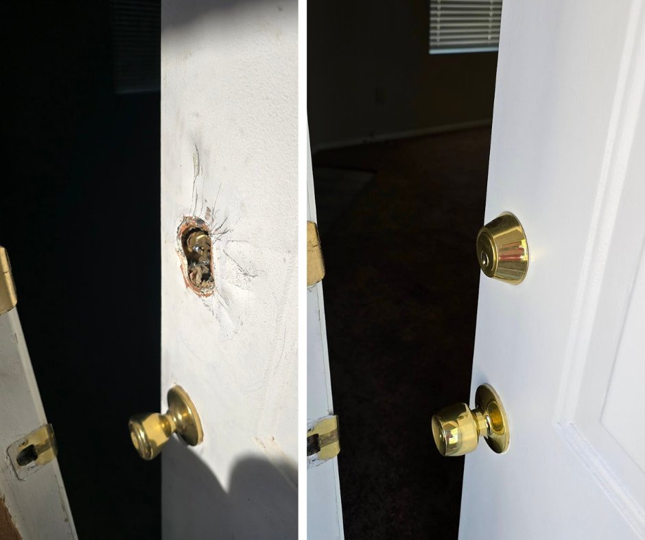 RealChadRoberts's tweet image. Remember that door that got mangled by the "locksmith" with a prybar? Check out what a skilled handyman can do with Bondo auto body filler and paint!